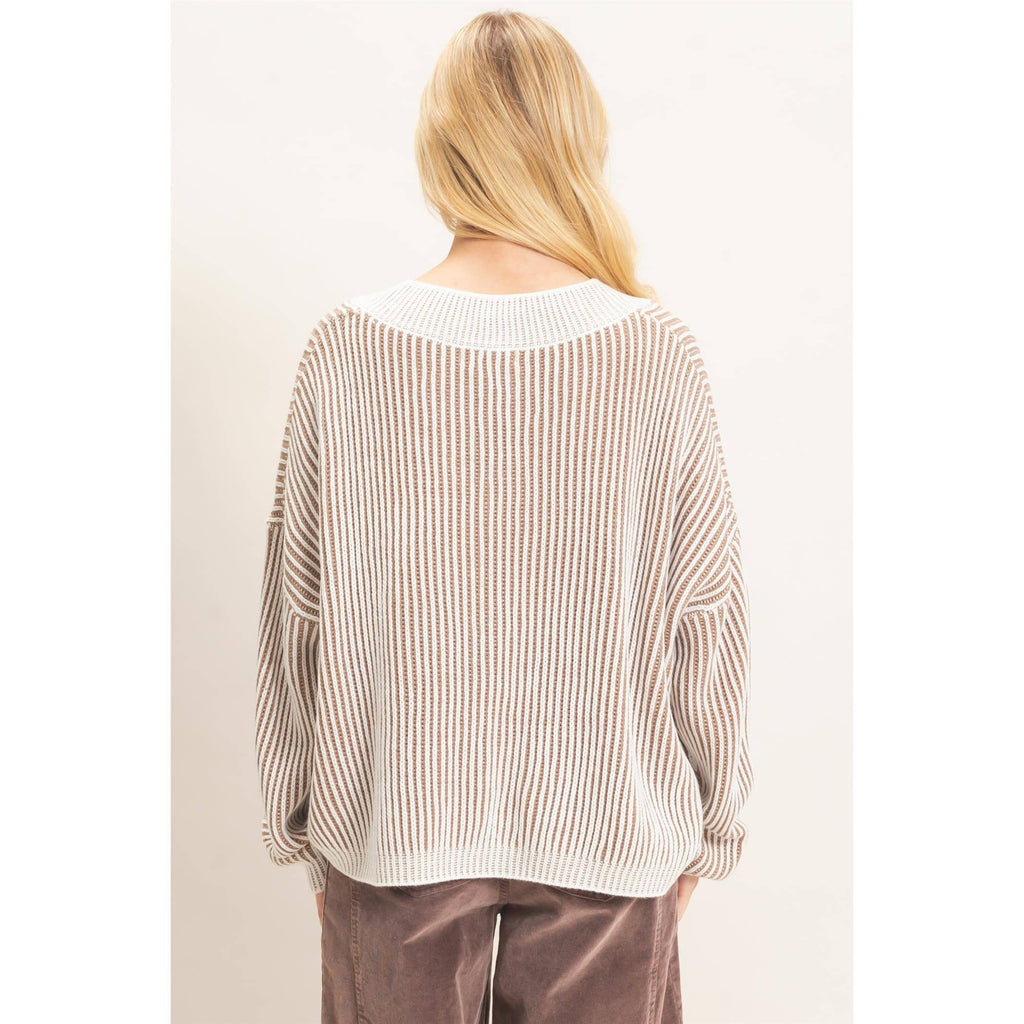 Striped V-Neck Ribbed Sweater