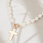 Mother of Pearl Cross Toggle Pendant Beaded Necklace