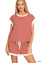 Stripe Contrast Trim Top & Shorts Set