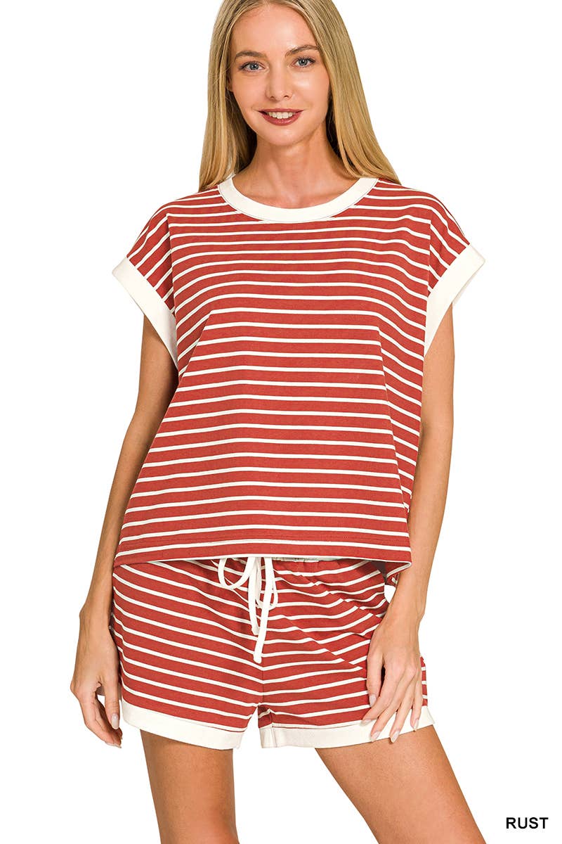 Stripe Contrast Trim Top & Shorts Set