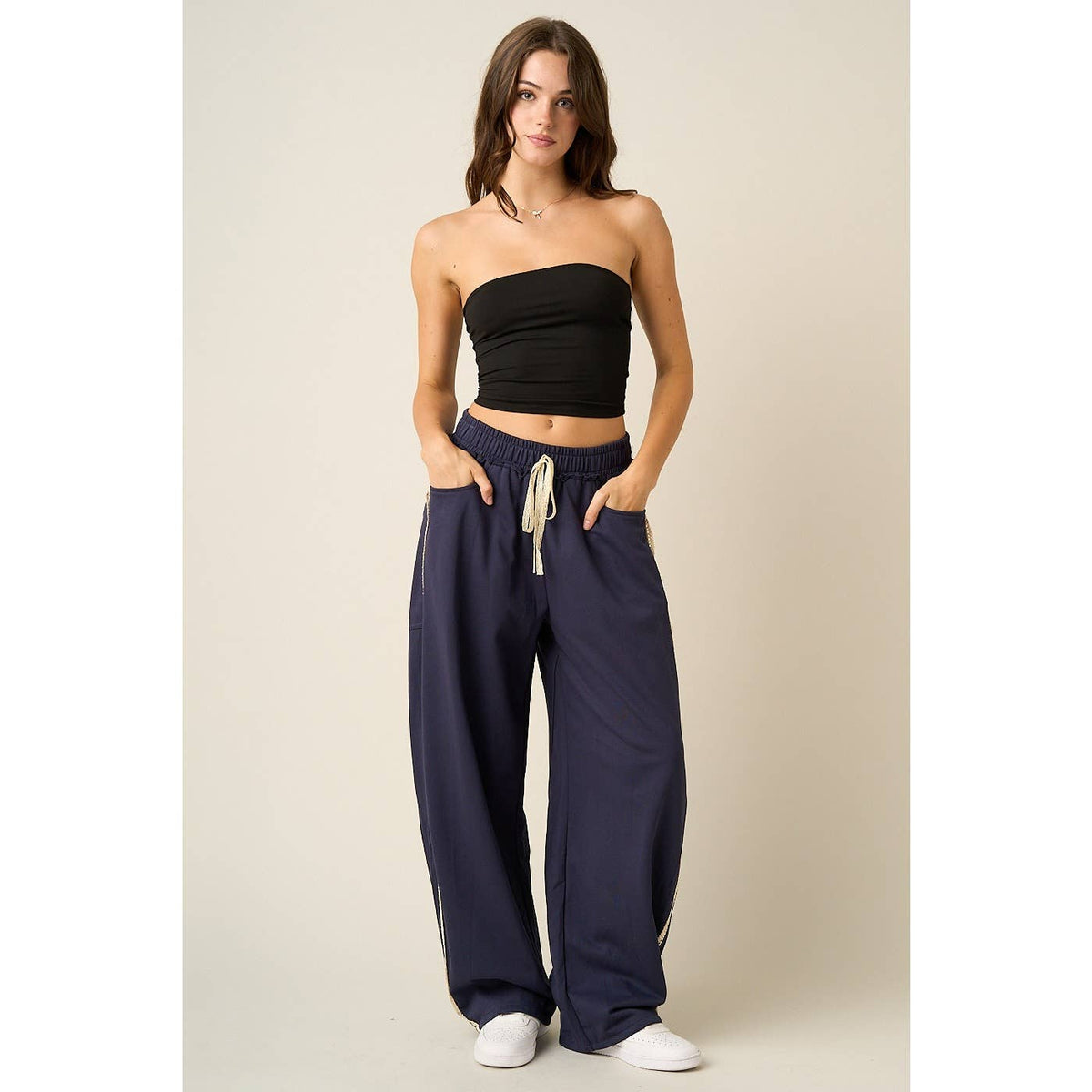 LACE TRIM BARREL LEG DRAWSTRING PANTS