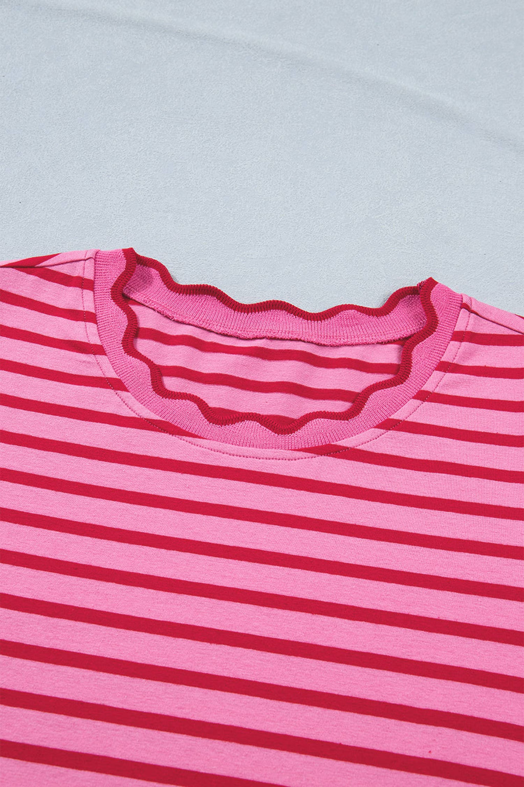 Striped Short Sleeve Scalloped Trim Side Slit Dress (S-XL)