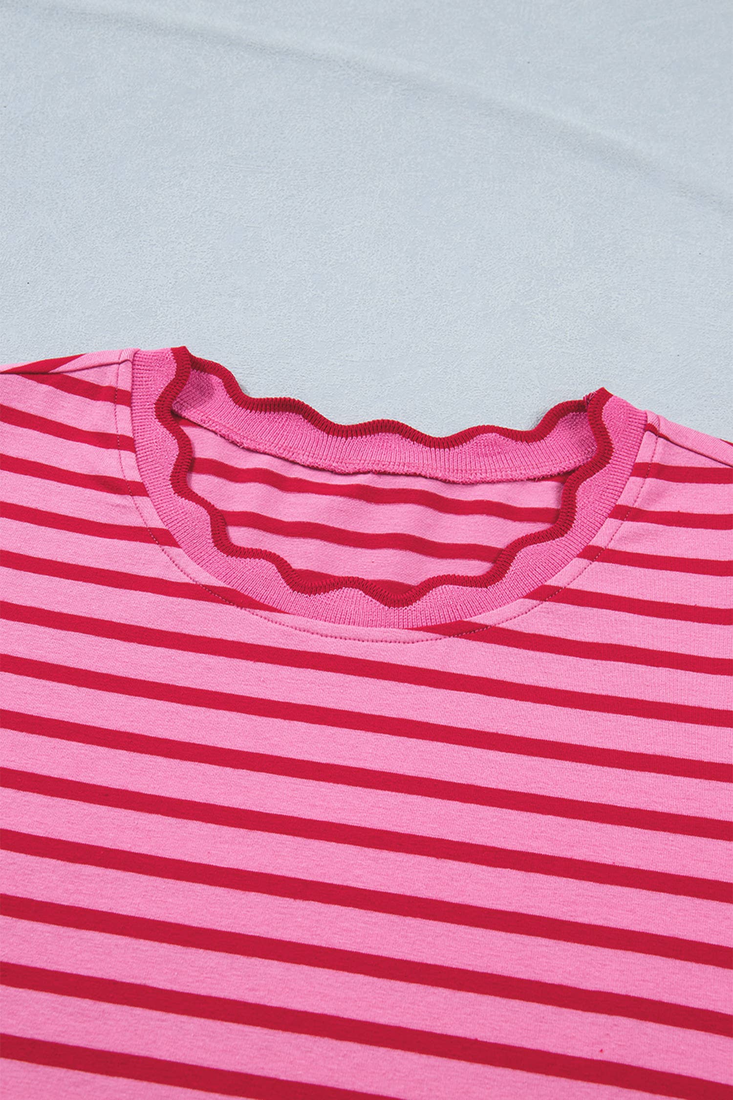 Striped Short Sleeve Scalloped Trim Side Slit Dress (S-XL)