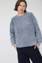 WASHED POCKET DETAIL LONG SLEEVE RIB KNIT TOP