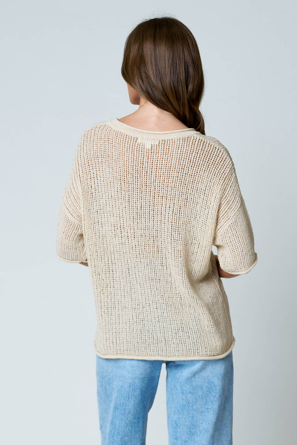 SPLIT NECK SHORT SLEEVE SHEER CROCHET KNIT TOP (PRE-ORDER)