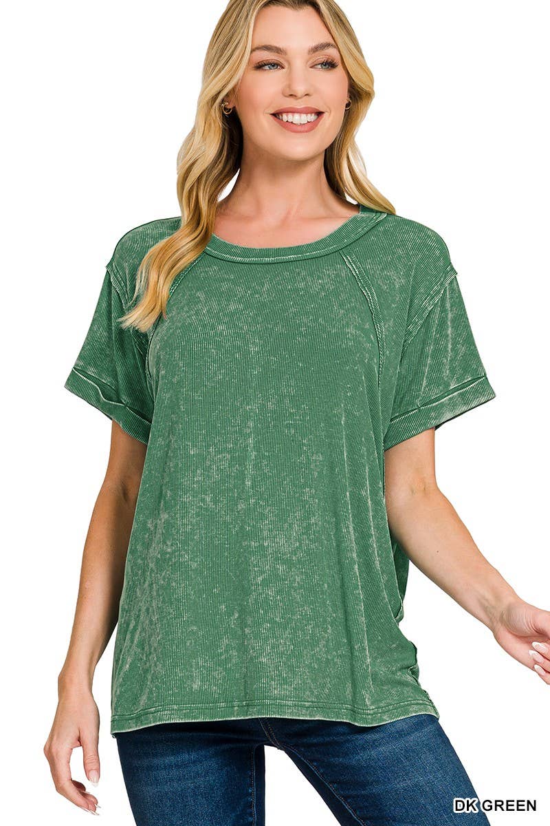 Washed Ribbed Cuffed Short Sleeve Round Neck Top