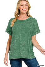 Washed Ribbed Cuffed Short Sleeve Round Neck Top