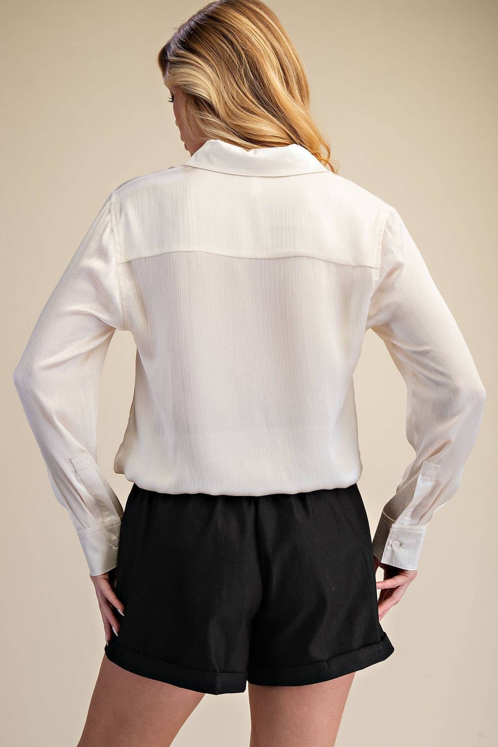 Collar Neck Long Sleeve Adjustable Drawstring Hem Shirt