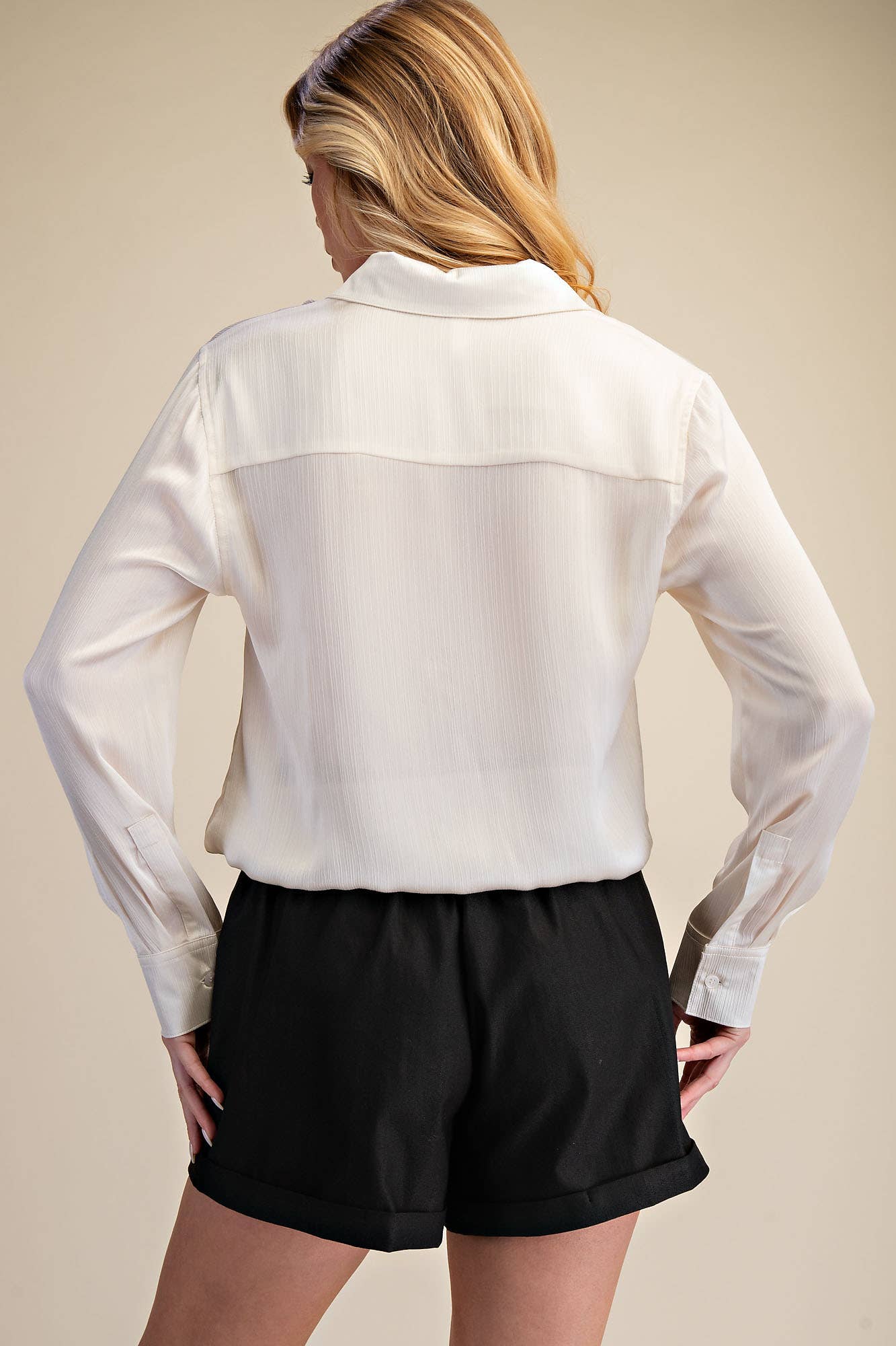 Collar Neck Long Sleeve Adjustable Drawstring Hem Shirt