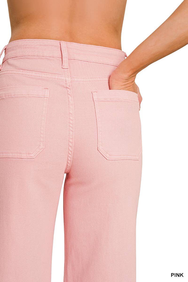 High Rise Wide Leg Pintuck Color Denim Pants
