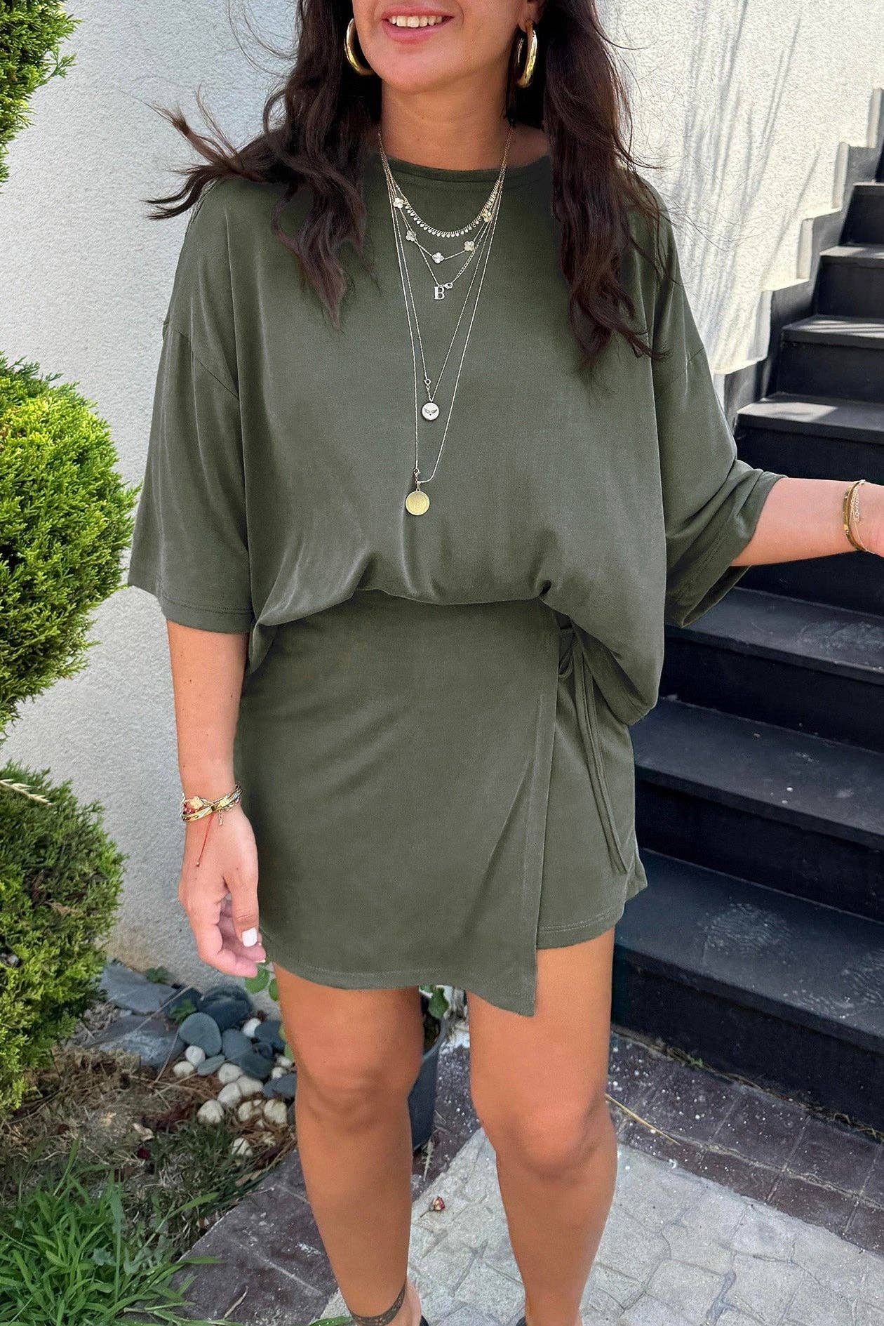 PRETTY BASH Solid Oversize Tee & Tie-Wrap Mini Skort Set