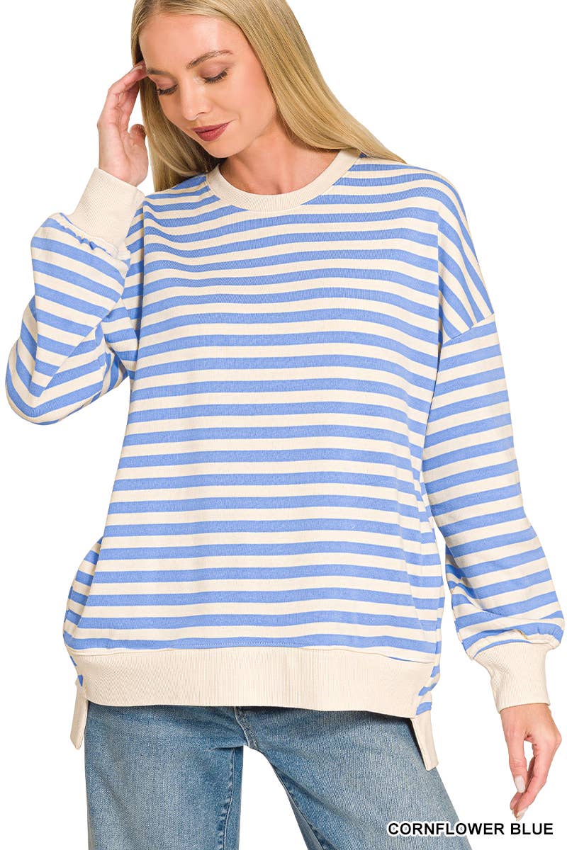 Premium Yarn Dyed Stripe Fleece Hi Low Sweatshirt w/ Pockets