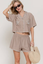 Short Sleeve Edge Stitch & Embroidered Boxy Shirt