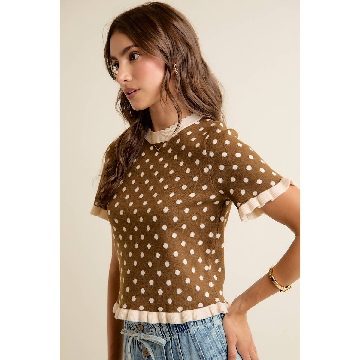 POLKA DOT RUFFLED SHORT SLEEVES SWEATER KNIT TOP