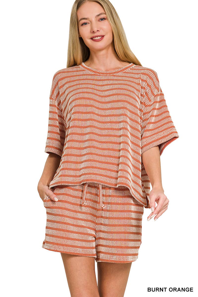 0420 Raised Rib Striped Tee & Shorts Set SI-29196