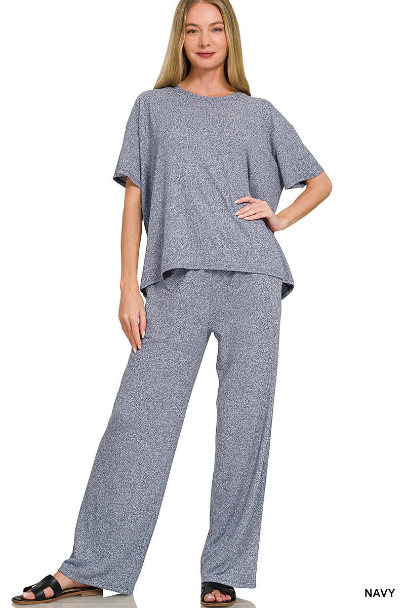 Soft Melange Short Sleeve Tee & Long Pants Set - Zenana