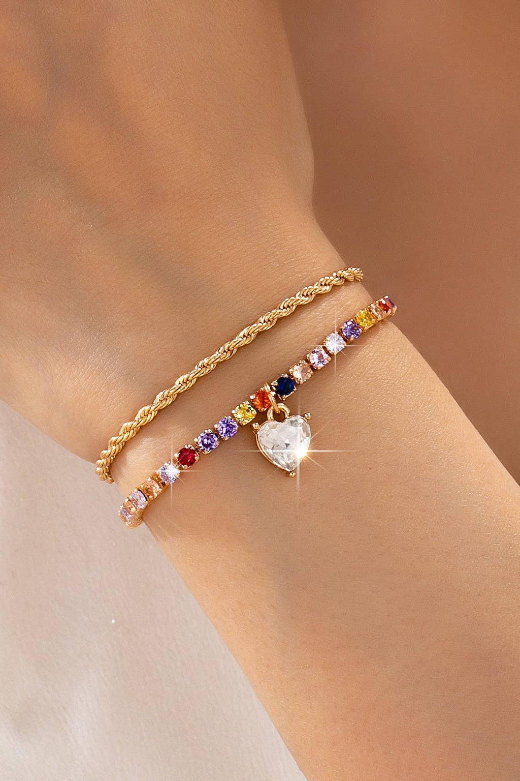 Multi-Color Crystal Heart Charm Tennis Bracelet | 80B1829