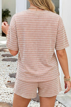 LDC Stripe Rib Loose Drawstring Elastic Waist 2pcs Short Set