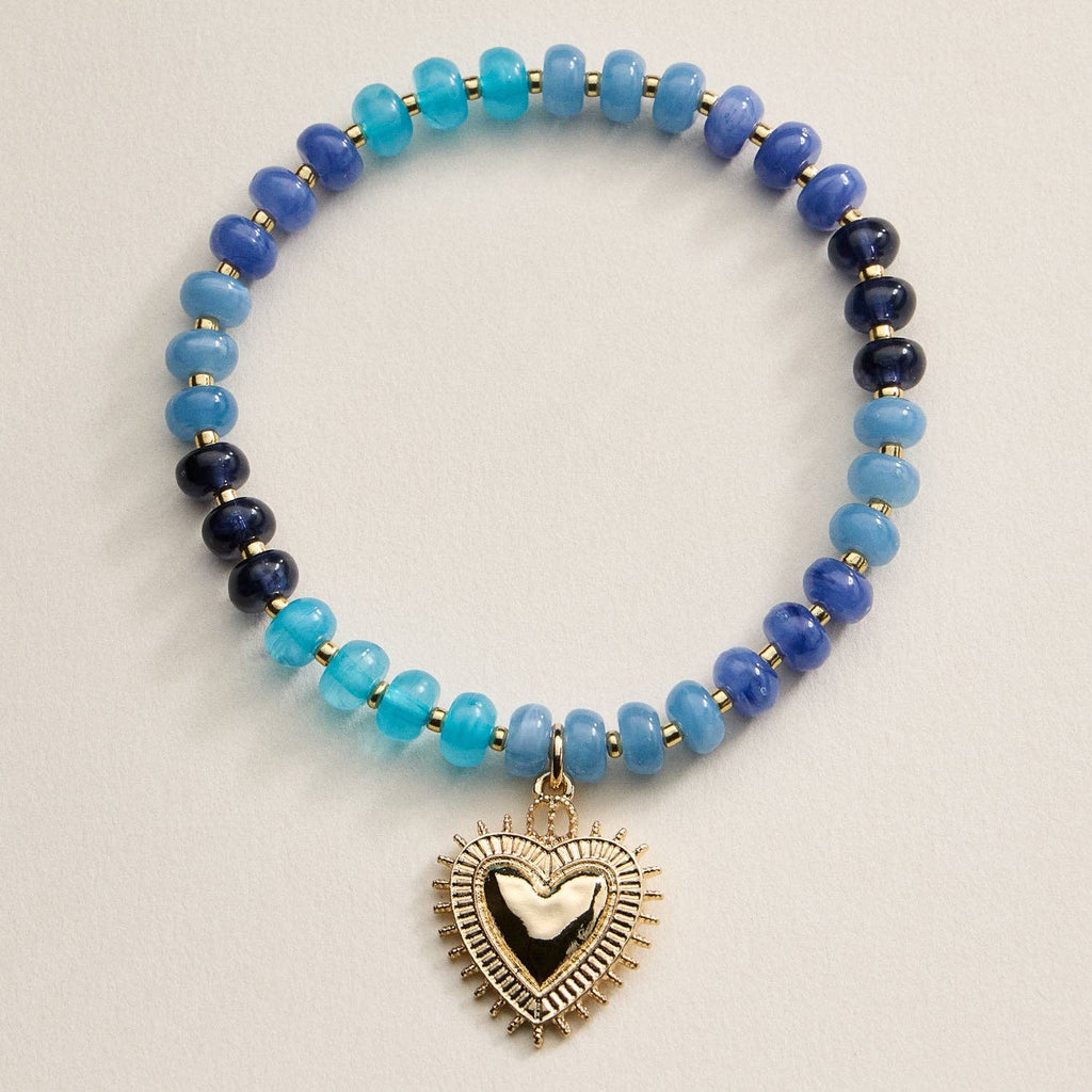 Beaded Heart Charm Stretch Bracelet Set | 3-Piece Layered Stack with Gold Accents