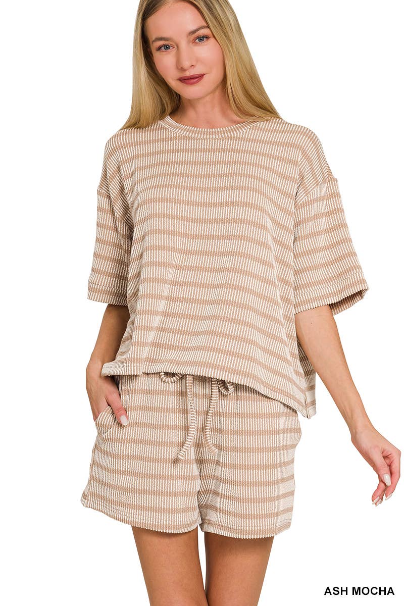 0420 Raised Rib Striped Tee & Shorts Set SI-29196