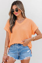 Waffle Texture V Neck Short Sleeve Knit Top | S-XL