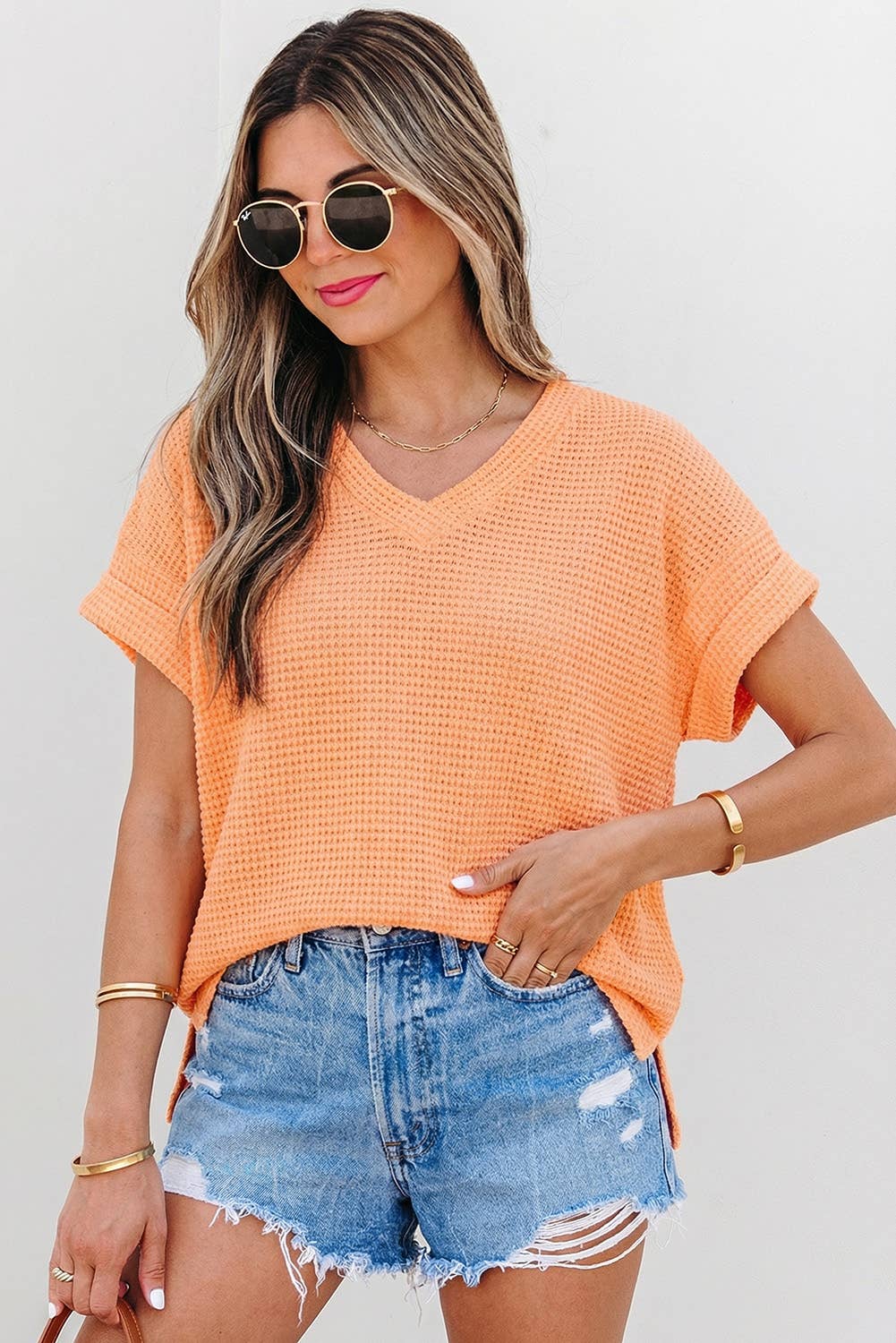 Waffle Texture V Neck Short Sleeve Knit Top | S-XL