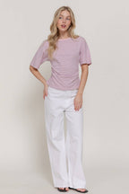 Short Dolman Sleeve Defined Silhouette Stripe Knit Top
