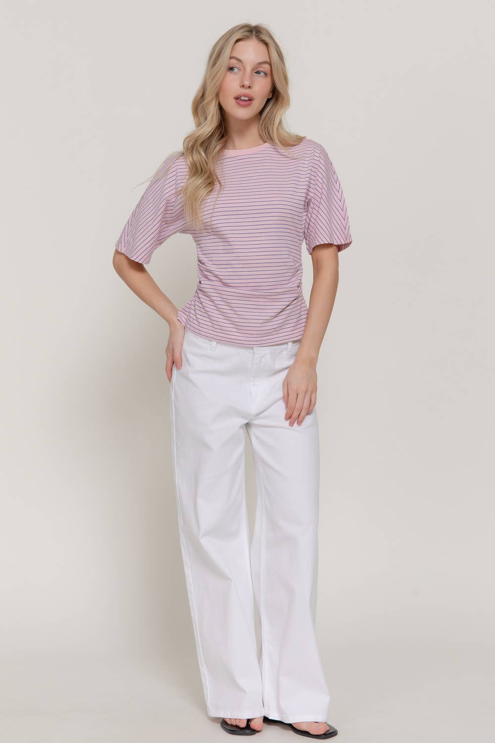 Short Dolman Sleeve Defined Silhouette Stripe Knit Top