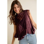 POLKA DOT SATIN LACE TRIM RUFFLED HIGH NECK BLOUSE TOP