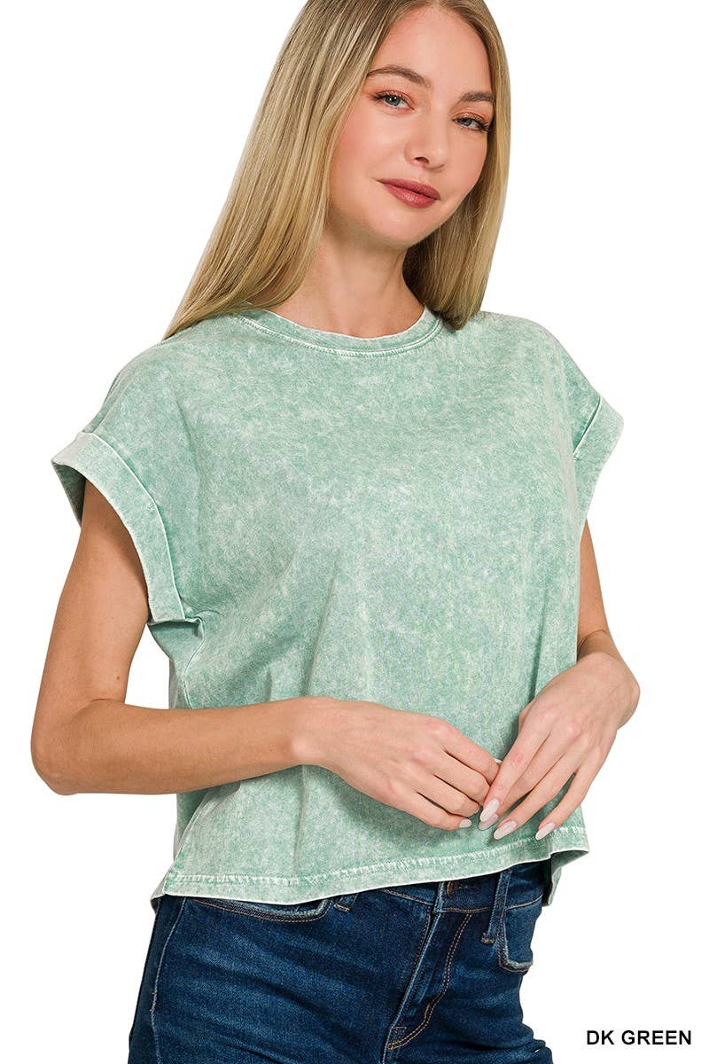 Halo Washed Cotton Cuffed Short Sleeve Top