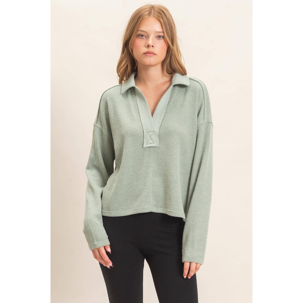 Ribbed Collared Pullover Top
