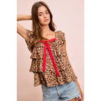 LEOPARD WOVEN FRONT BOW TIE RUFFLE SQUARE NECK TOP