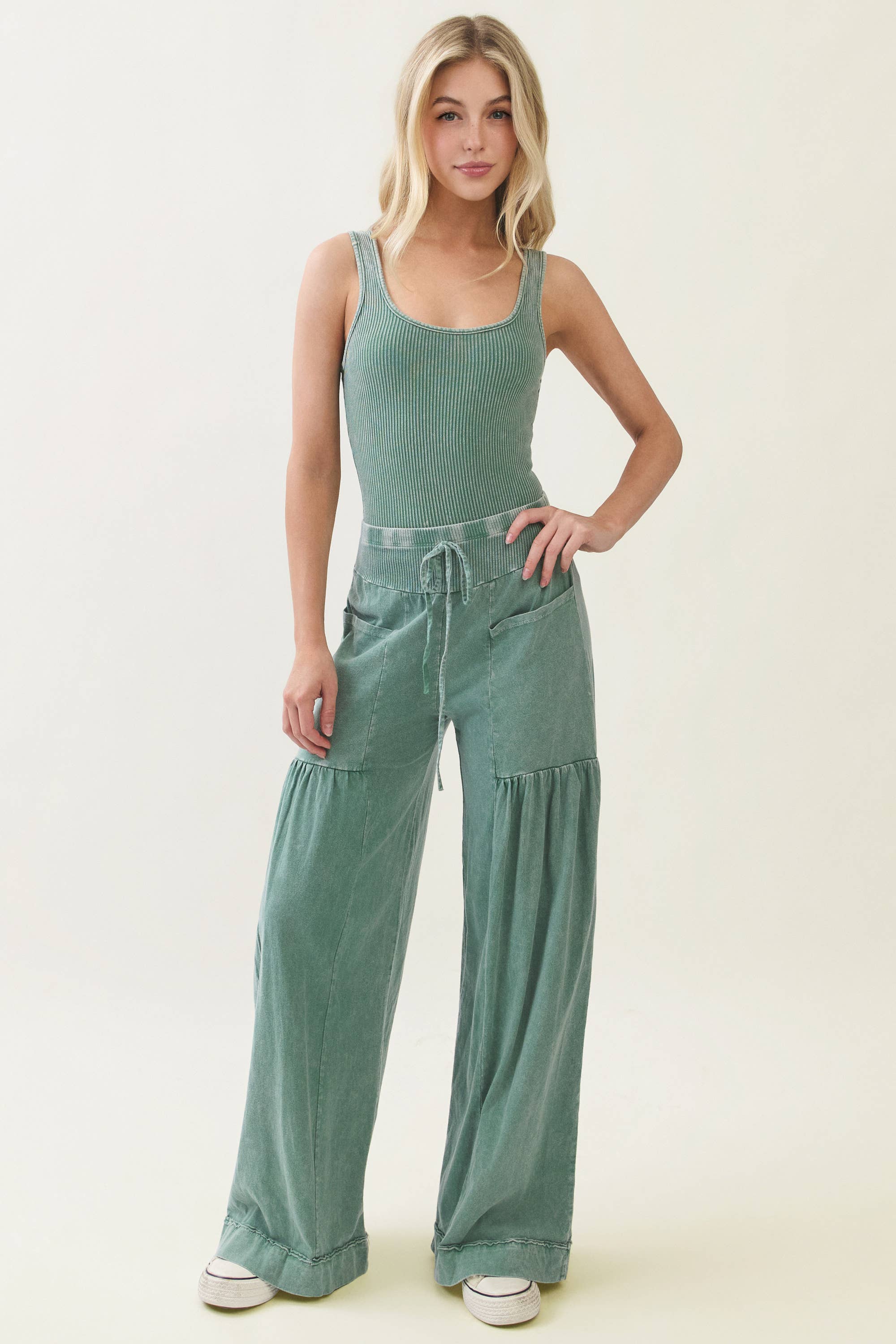 Mineral Washed Boho waist band wideleg cropped pants HP5900