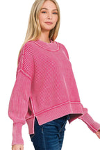 `Washed Side Slit Oversized Cropped Sweater SI-26510 Zenana