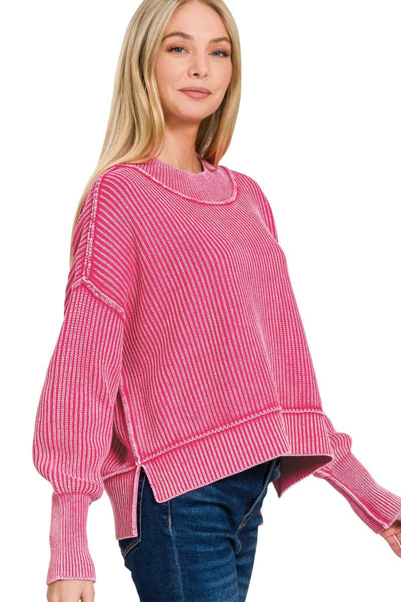 `Washed Side Slit Oversized Cropped Sweater SI-26510 Zenana
