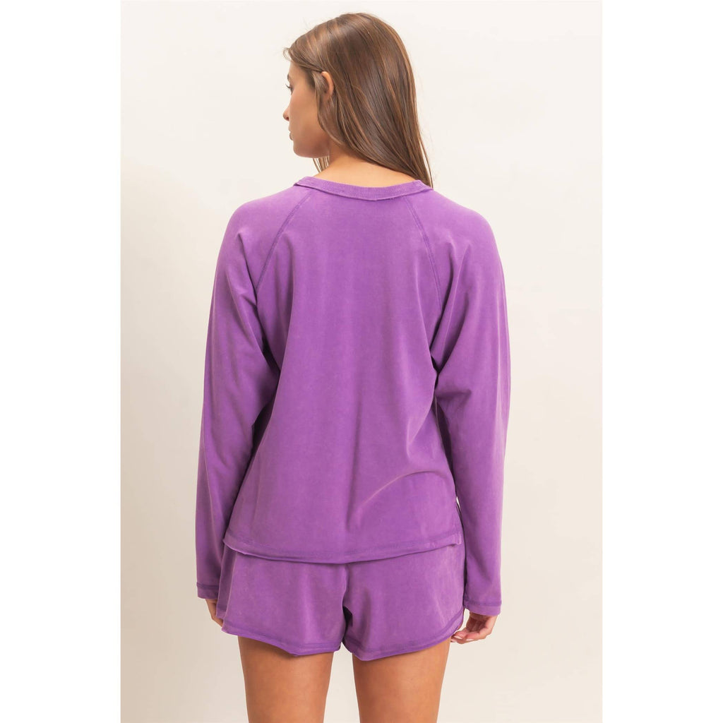 Mineral Wash Long Sleeve Raw Edge Top & Shorts Set