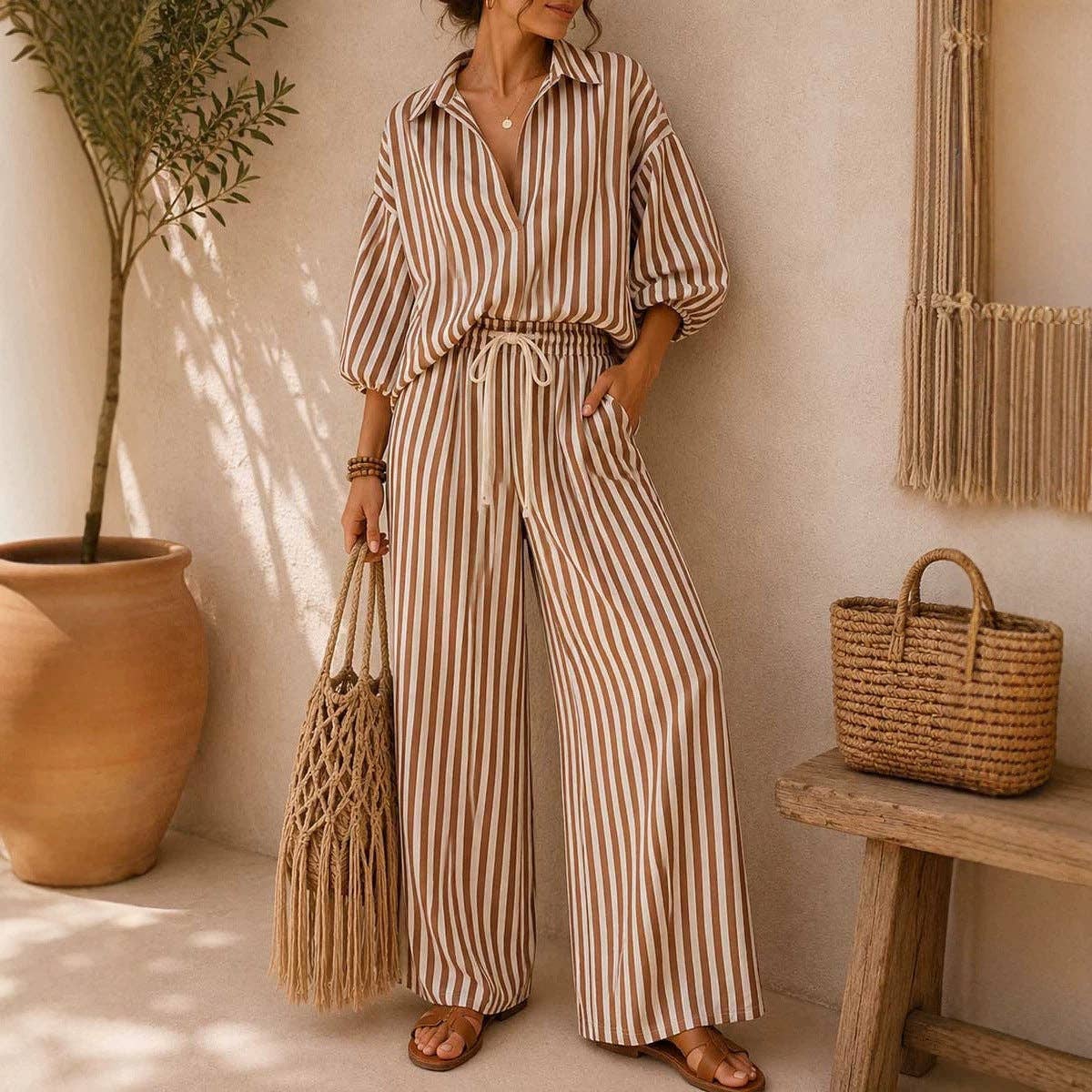 Striped Button Down Shirt & Wide Leg Pants Set