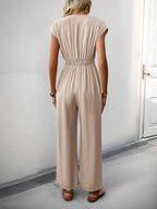 V-neck Solid Color Elastic High Waisted Jumpsuit