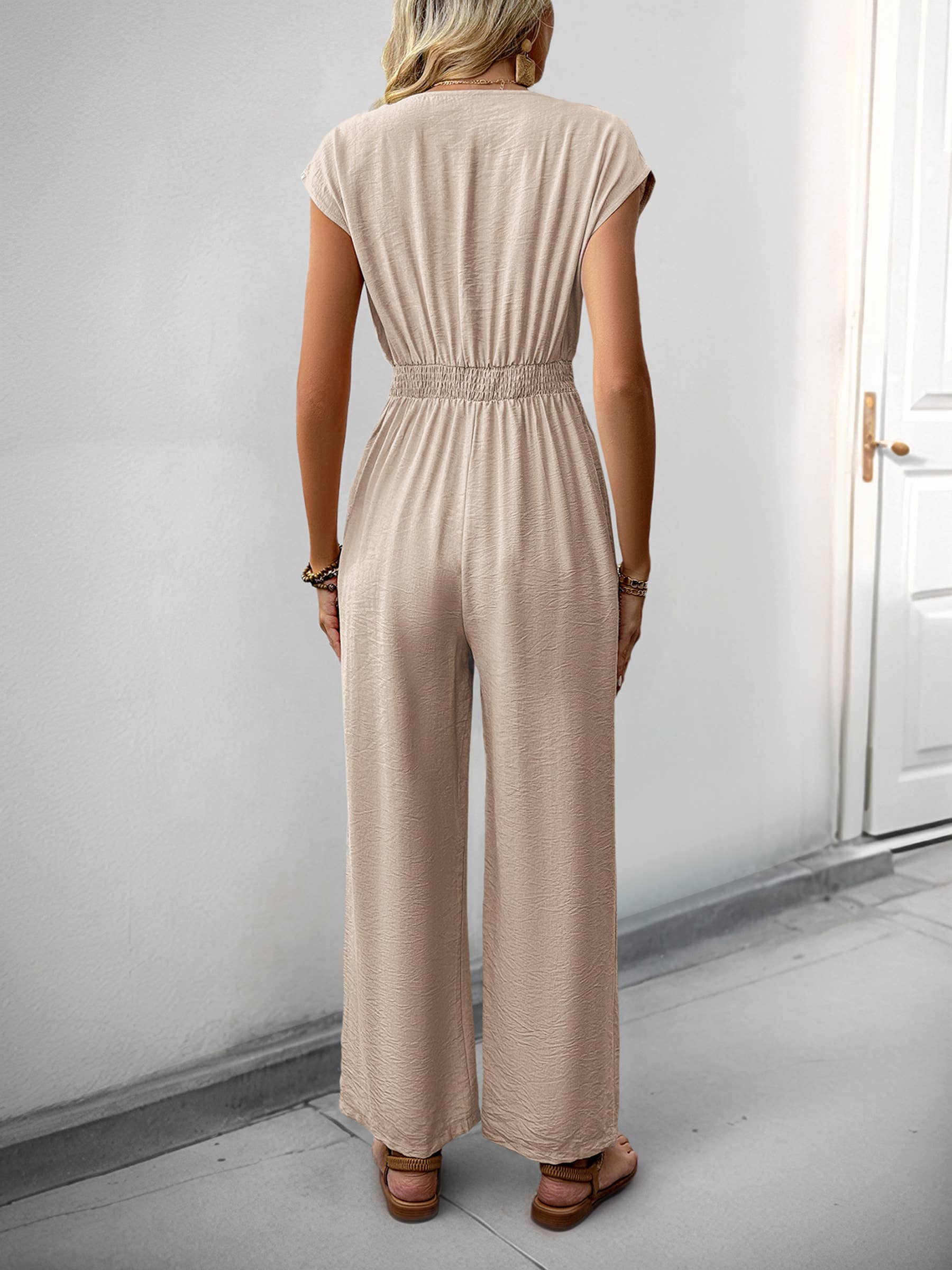 V-neck Solid Color Elastic High Waisted Jumpsuit