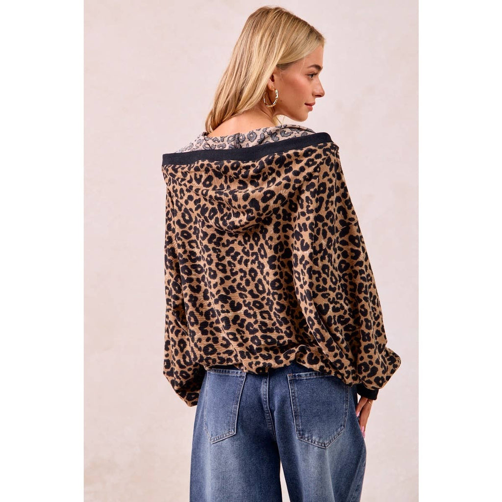 LEOPARD PRINT WAFFLE HALF ZIP UP HOODIE W POCKET