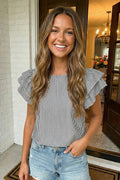LAS-LIVE Stripe Flutter Sleeve Round Neck Blouse (S-XL)