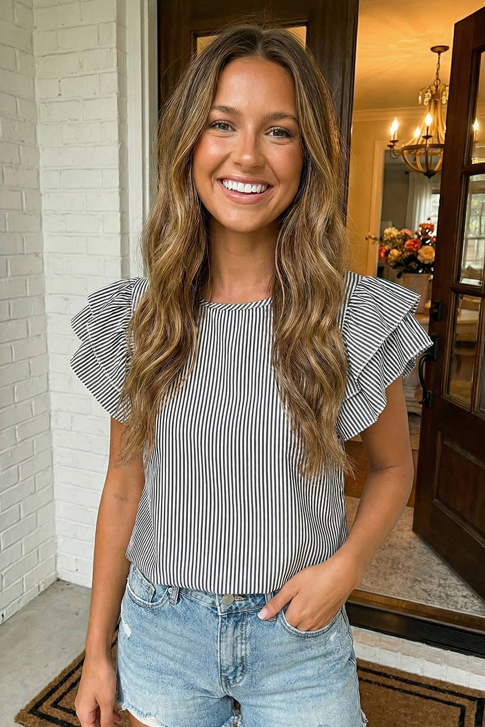 LAS-LIVE Stripe Flutter Sleeve Round Neck Blouse (S-XL)