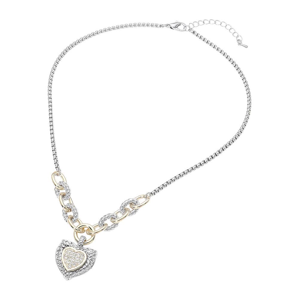 14K Gold Plated Two Tone CZ Pave Heart Pendant Necklace