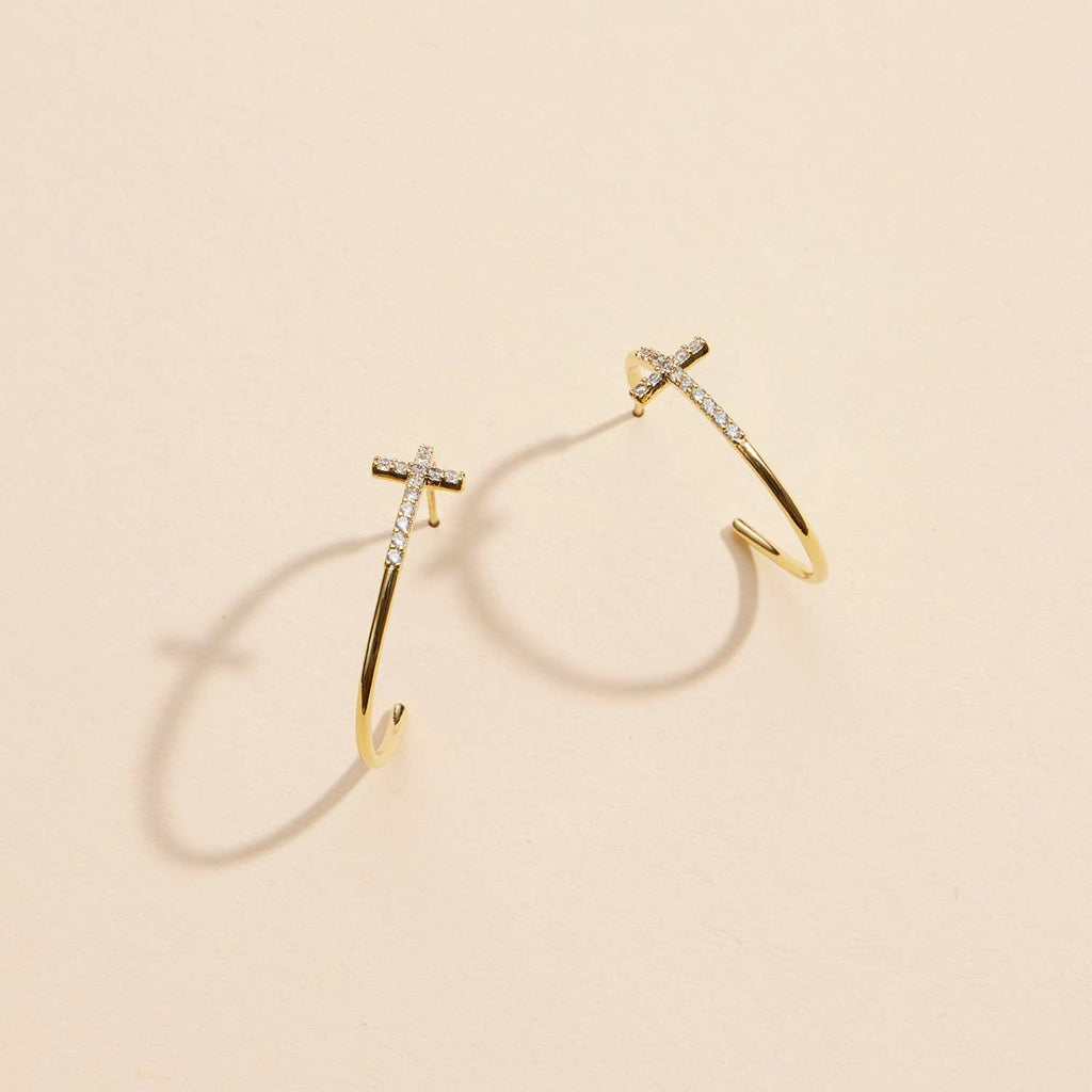Gold Dipped CZ Cross Open Hoop Earrings