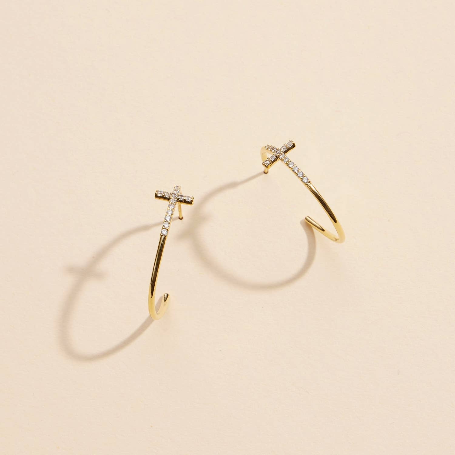 Gold Dipped CZ Cross Open Hoop Earrings