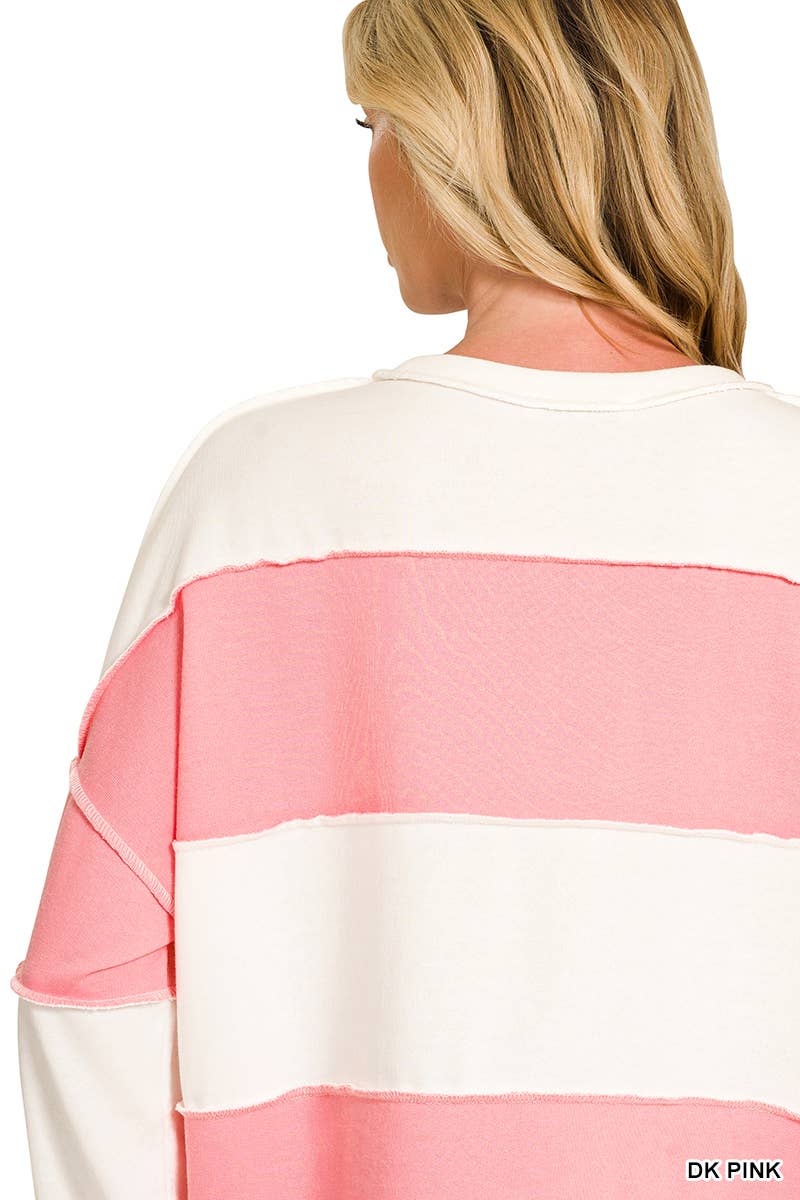 French Terry Color Block Exposed Seam Oversized Top