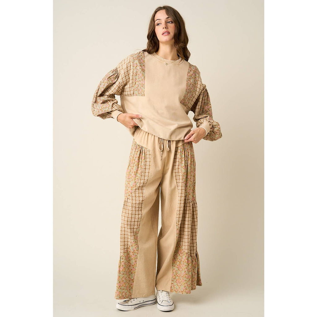 PATCHWORK MIXED PRINT WIDE LEG PANTS