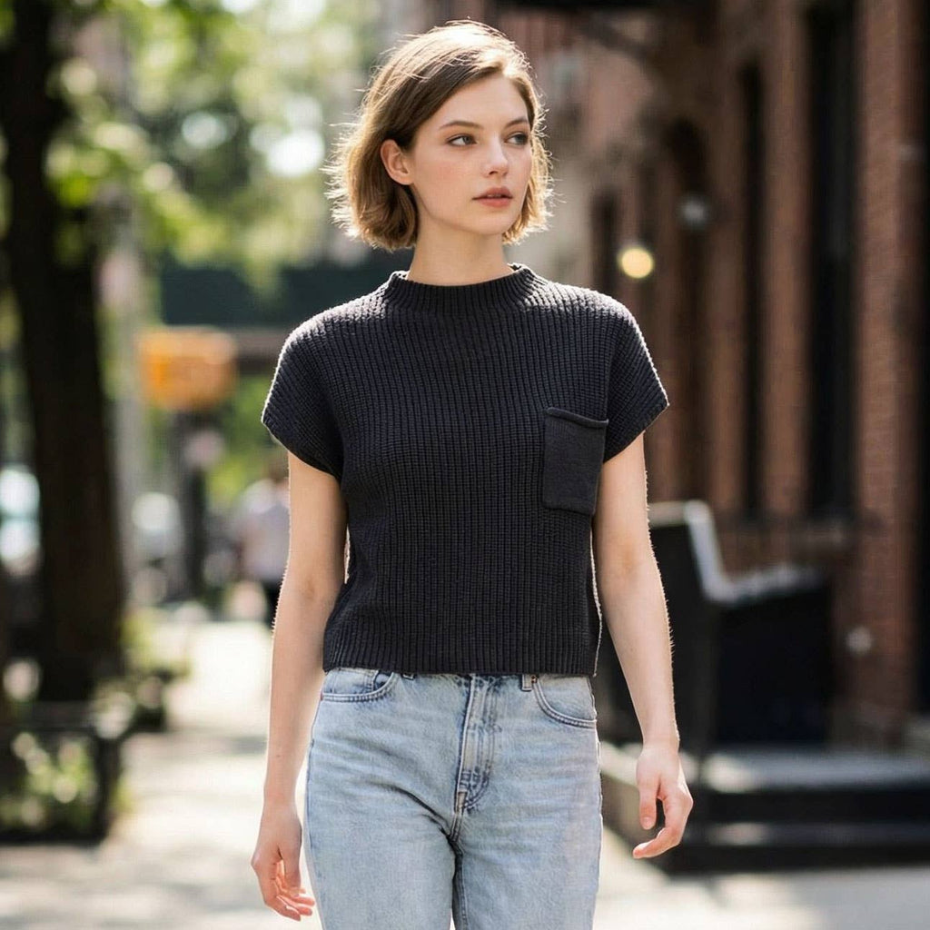 Mock Neck Short Sleeve Crop Sweater