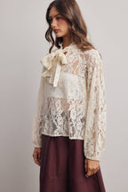 Sheer Lace Tie Neck Blouse FT0059