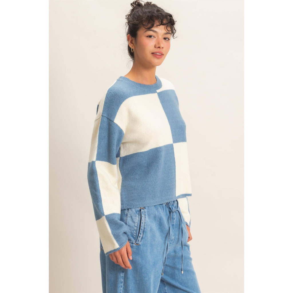 Crew Neck Checkered Sweater